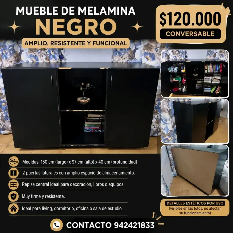 Mueble de melamina negro amplio y funcional - 1
