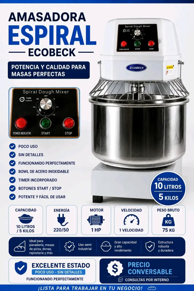 Amasadora Espiral Ecobeck 10L Acero Inoxidable