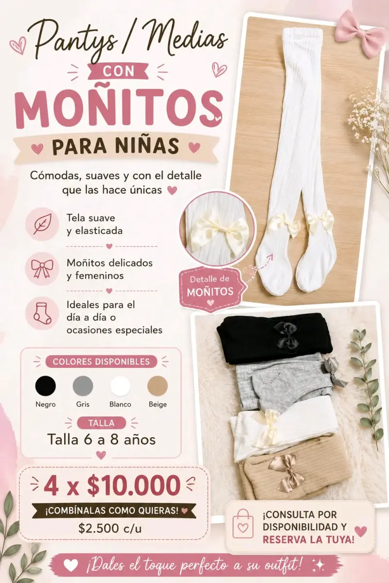 Pantys para niñas con moñitos en varios colores