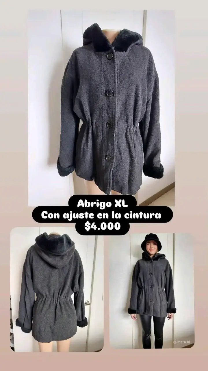 Abrigo gris con capucha y ajuste en la cintura