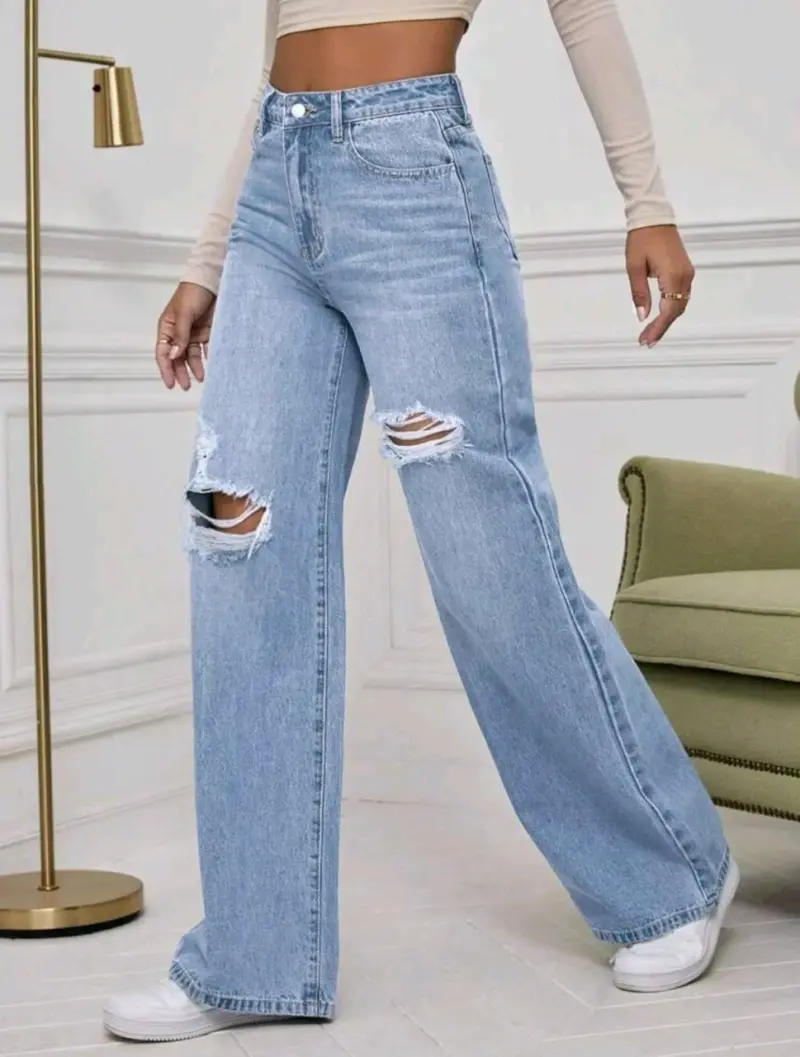 Jeans anchos de mezclilla con roturas para mujer