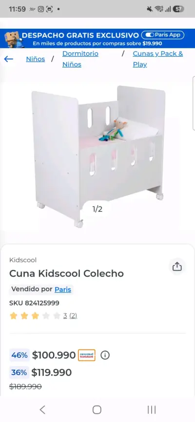 Cuna colecho KidsCool blanca con ruedas - miniatura 1