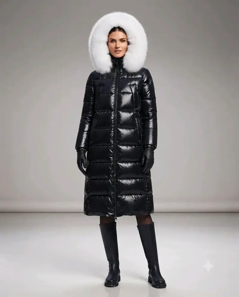 Chaqueta largo acolchado negro con capucha de piel - 1