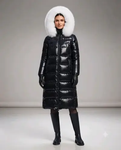 Chaqueta largo acolchado negro con capucha de piel - miniatura 1