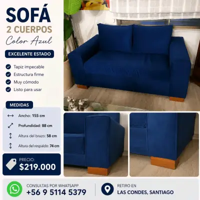Sofá 2 cuerpos azul en excelente estado - miniatura 1