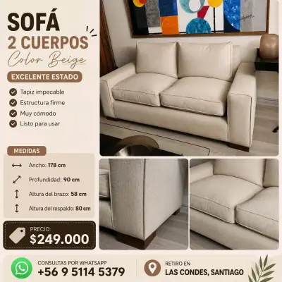Sofá 2 Cuerpos Beige en Excelente Estado - miniatura 1