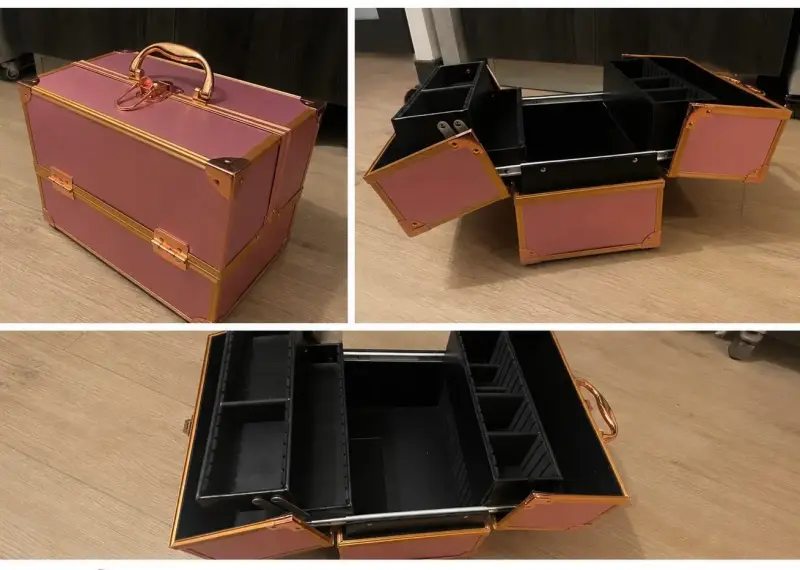 Caja organizadora de maquillaje rosa y dorada