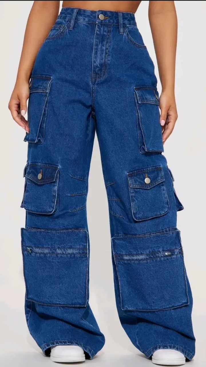 Pantalones cargo de mezclilla azul para mujer - 1
