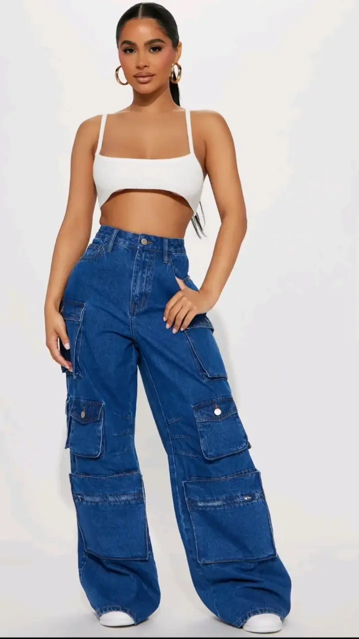 Pantalones cargo de mezclilla azul para mujer - 2