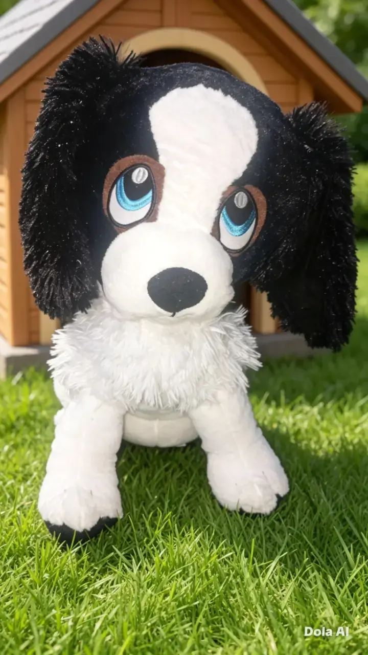 Peluche de perro blanco y negro con ojos grandes