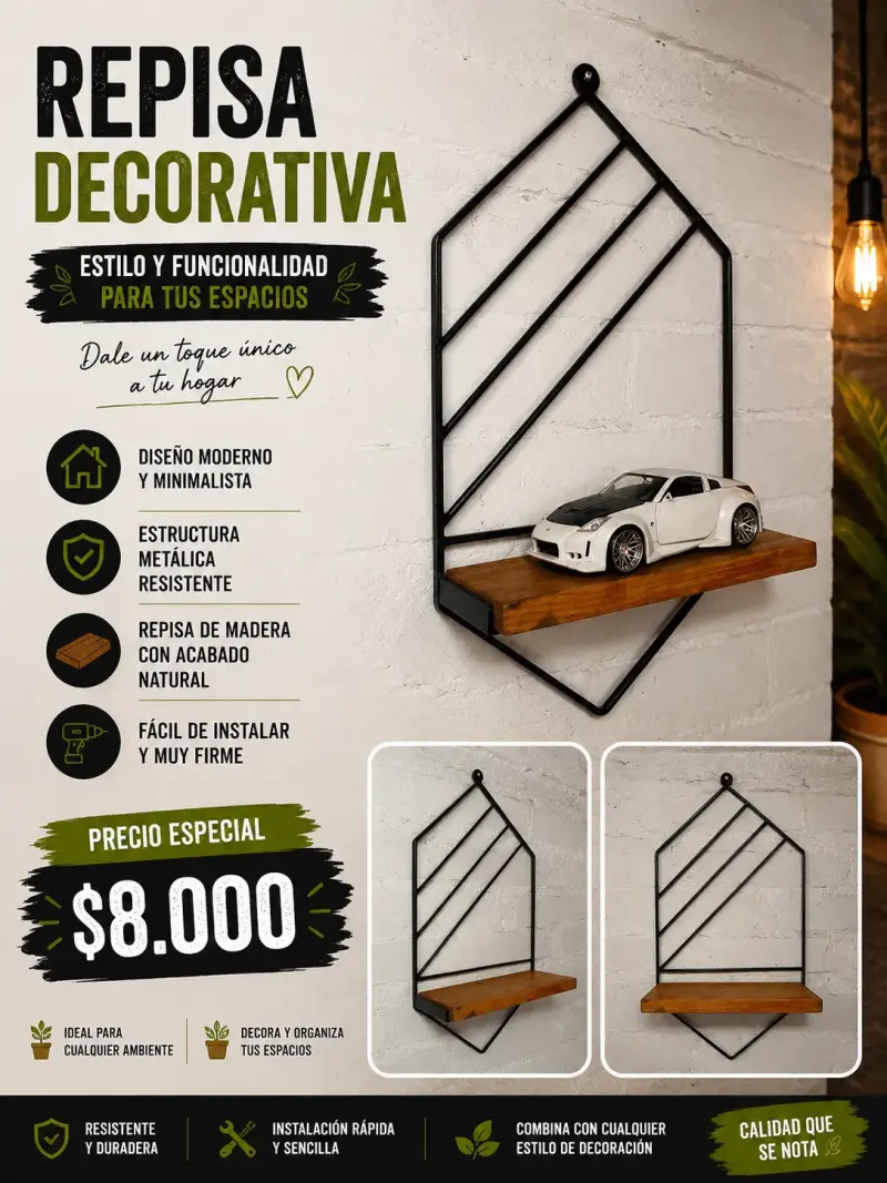 Repisa decorativa moderna fierro y madera - 1