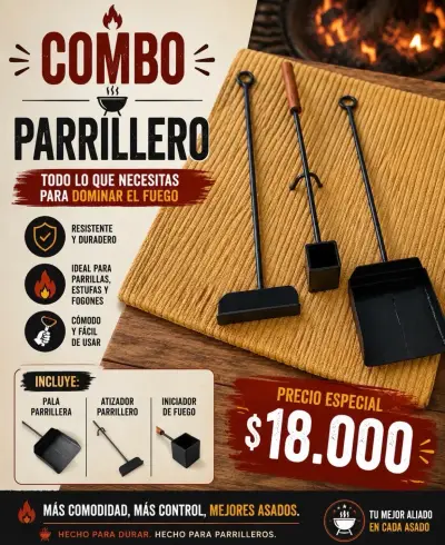 Combo Parrillero iniciador fuego+pala+atizador - miniatura 1