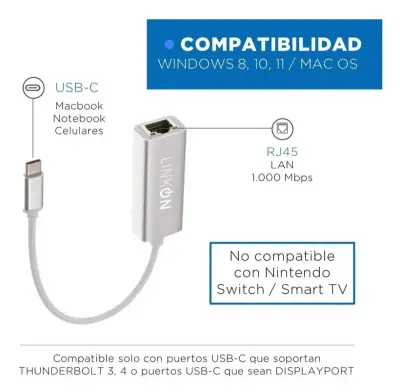 Adaptador USB-C a Ethernet LinkOn Alta Velocidad - miniatura 5