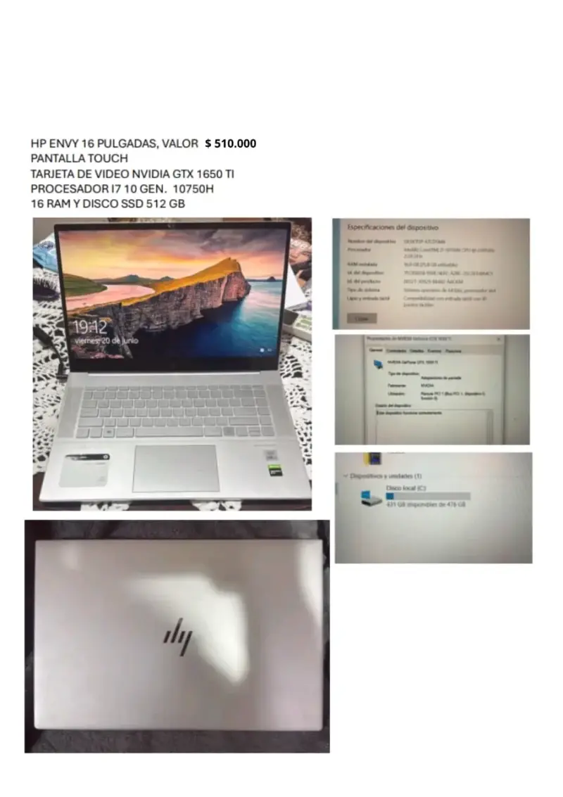 Laptop HP Envy 16'' i7 10ma Gen GTX 1650 Ti
