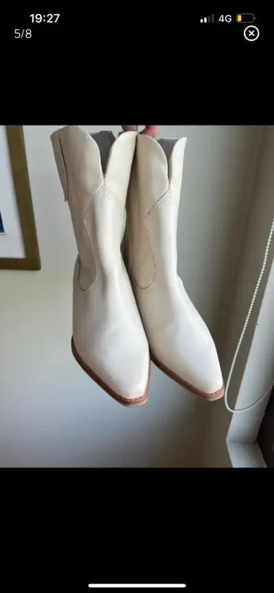 Botines de cuero beige con tacón bajo - miniatura 4