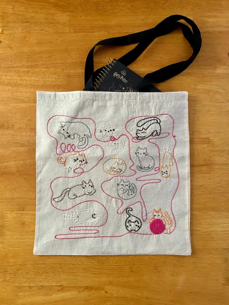 Bolsa tote de tela con diseño de gatos bordados