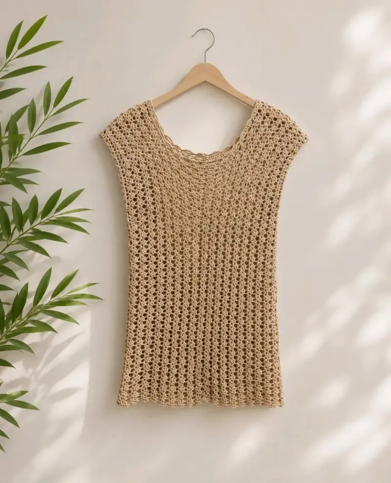 Polera larga tejido a crochet beige para mujer - 1