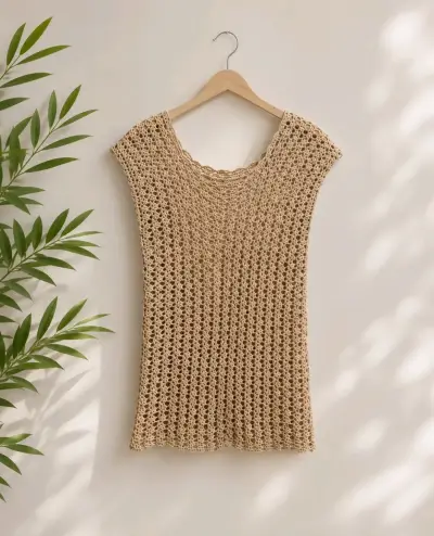 Polera larga tejido a crochet beige para mujer - miniatura 1