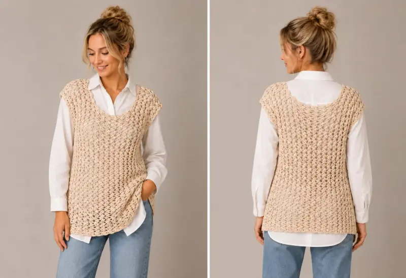 Polera larga tejido a crochet beige para mujer - 2