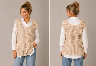 Polera larga tejido a crochet beige para mujer - miniatura 2