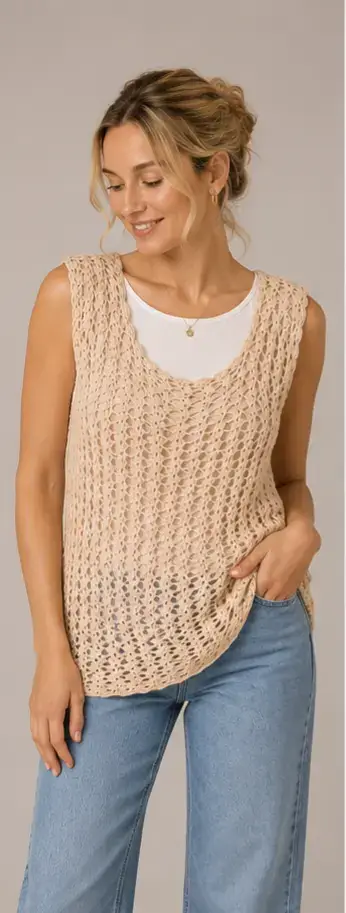 Polera larga tejido a crochet beige para mujer - miniatura 3