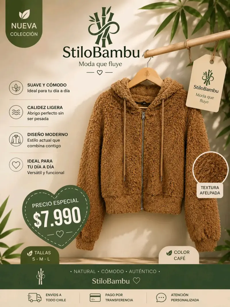 Chaqueta de felpa café StiloBambu suave y cómoda