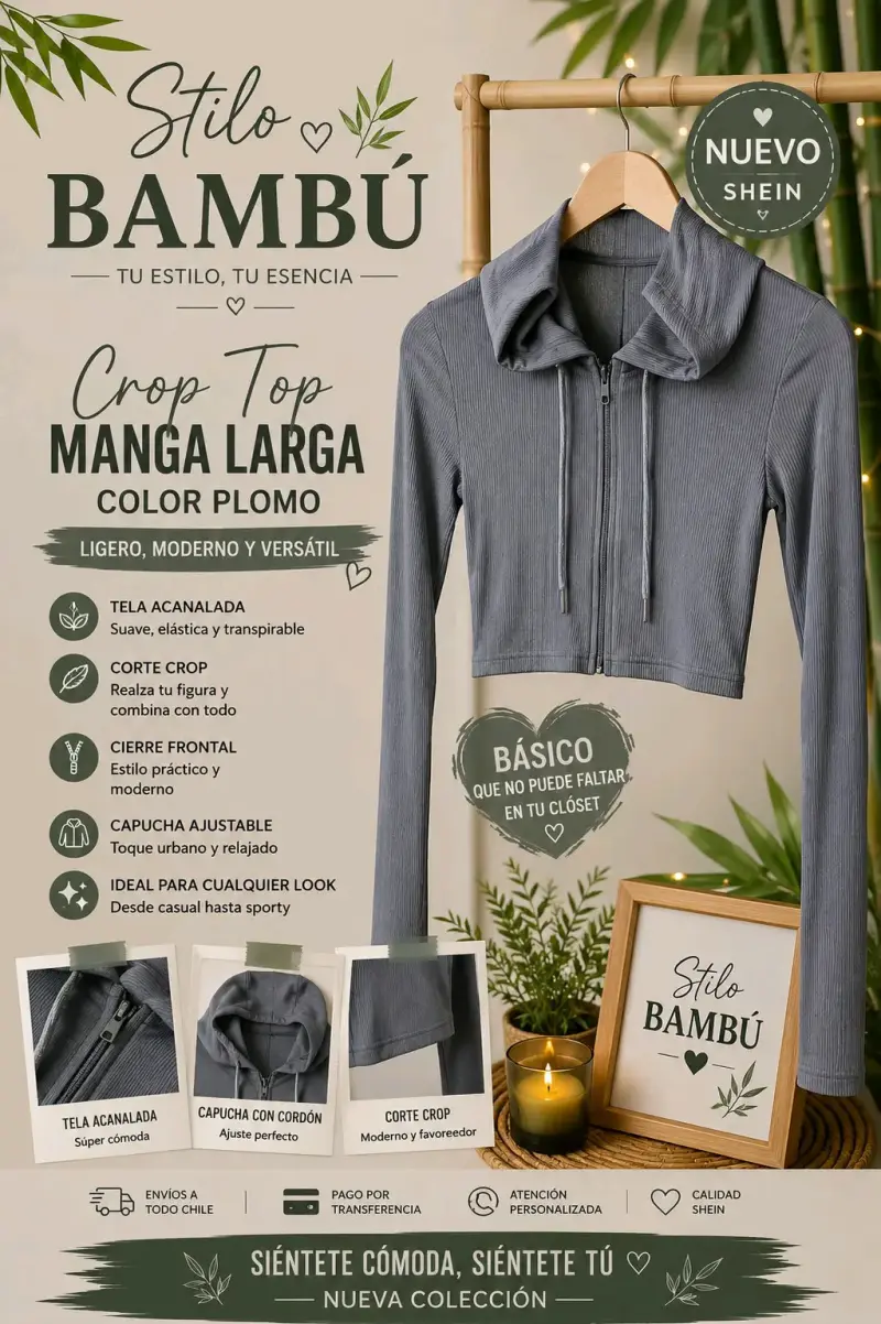 Crop top manga larga color plomo Stilo Bambú