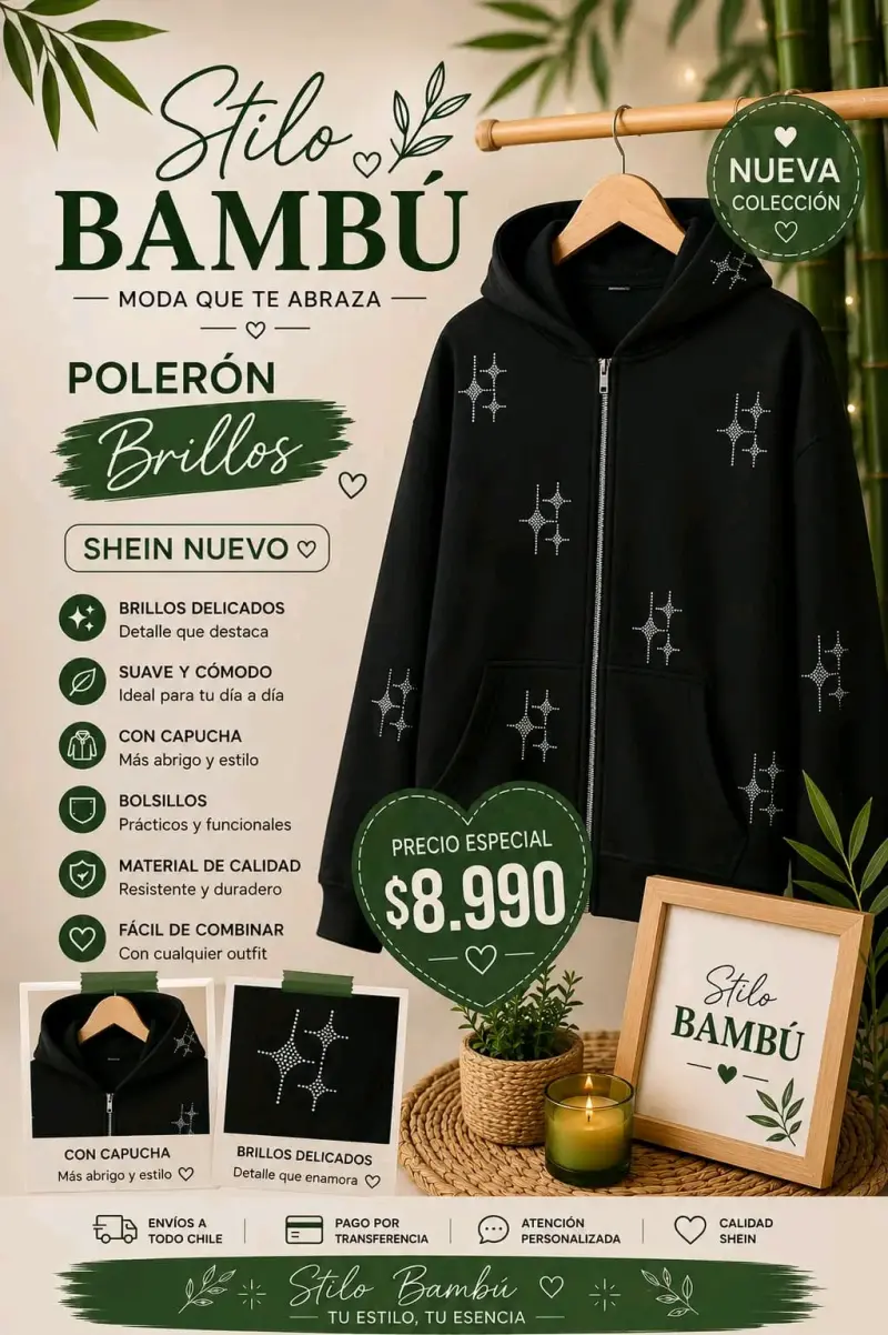 Polerón negro con brillos y capucha Stilo Bambú