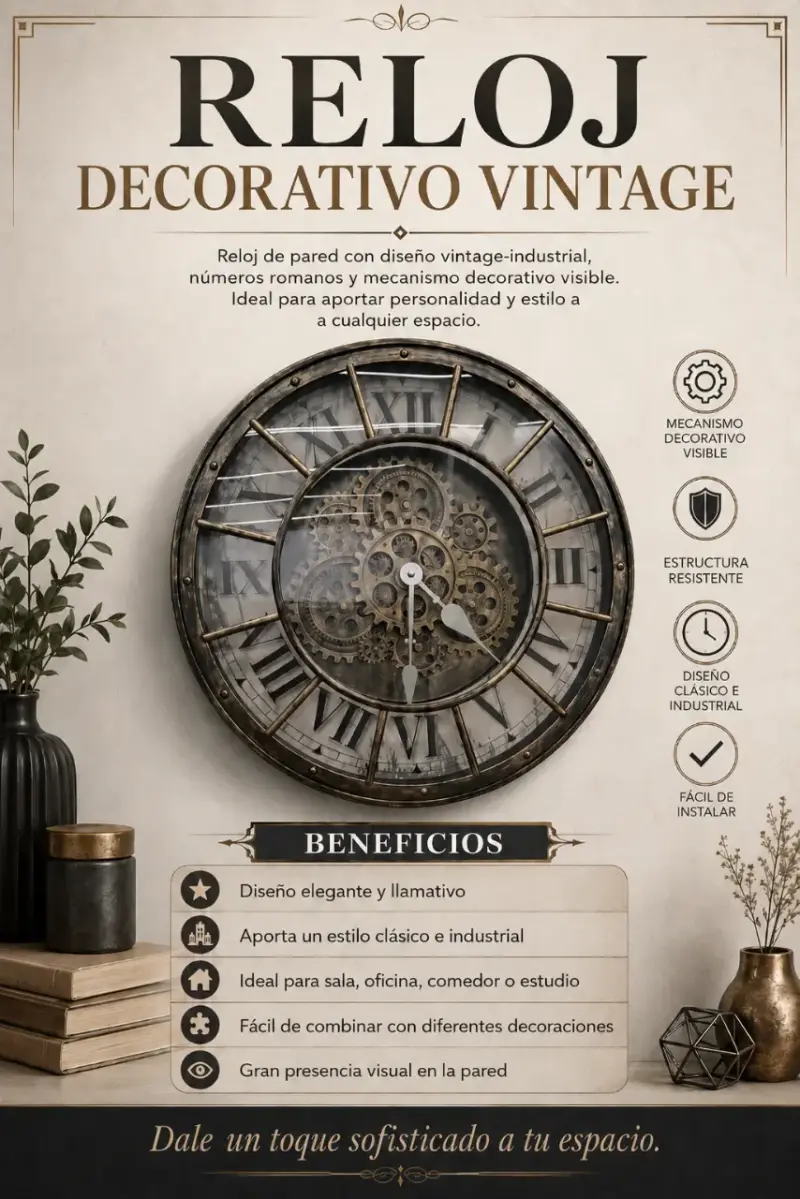 Reloj de Pared Grande Industrial con Engranajes - 5