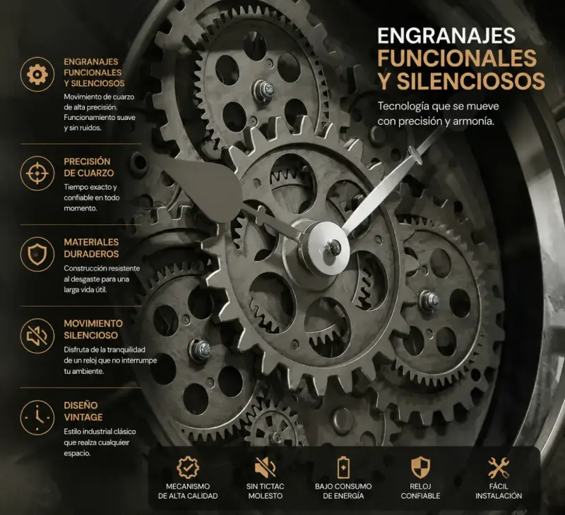 Reloj de Pared Grande Industrial con Engranajes - 6