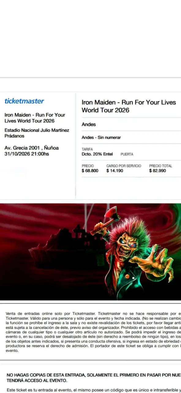 Entrada Iron Maiden World Tour 2026 Andes