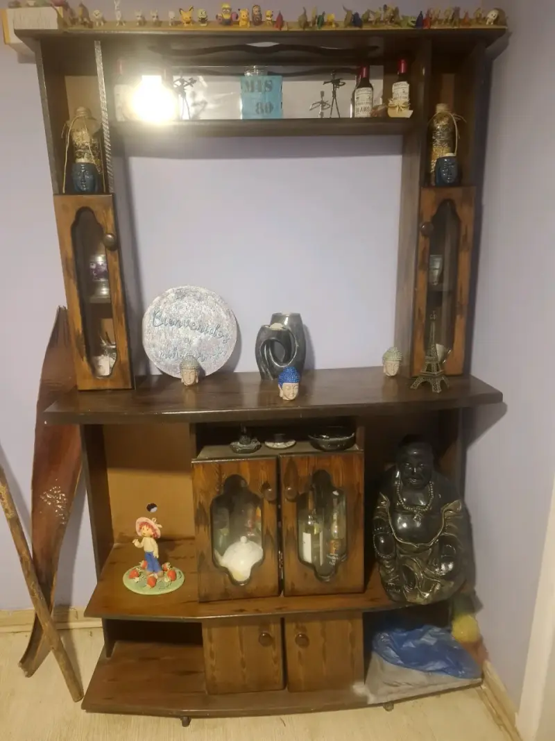 Mueble de madera para sala con estantes y vitrinas