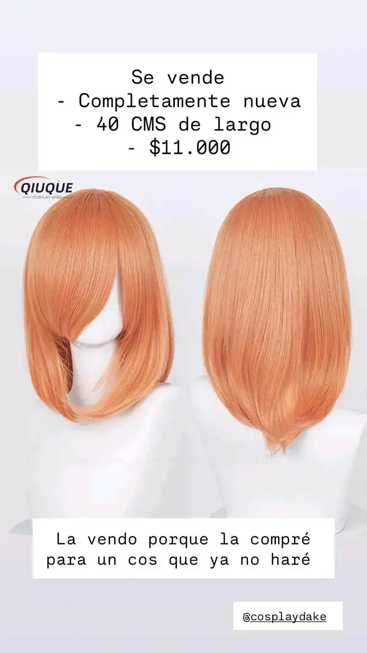 Peluca cosplay naranja 40 cm nueva