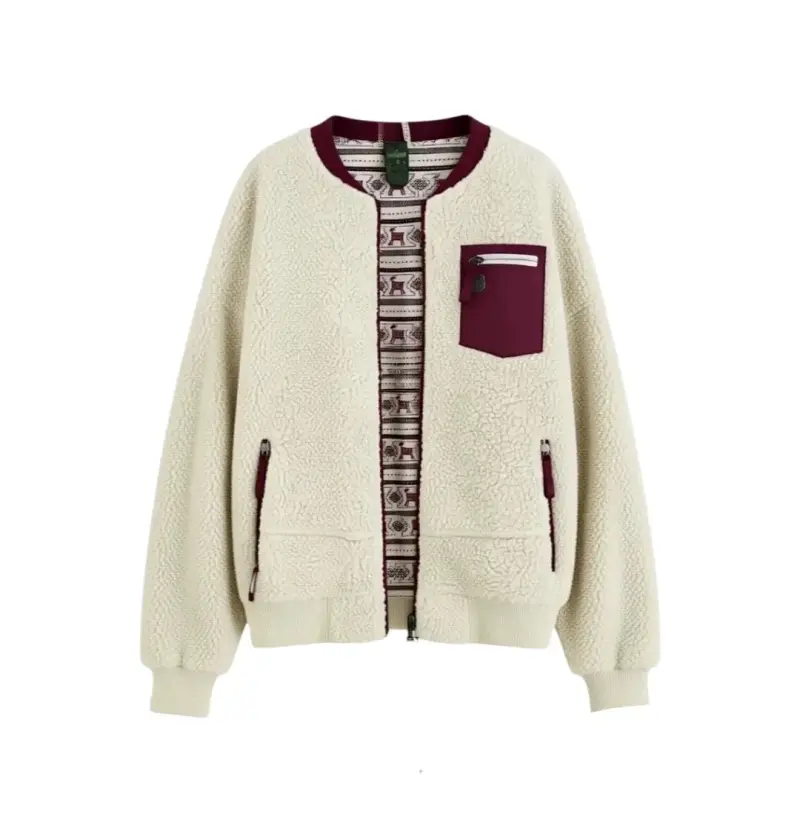 Chaqueta beige con detalles burdeos - 1