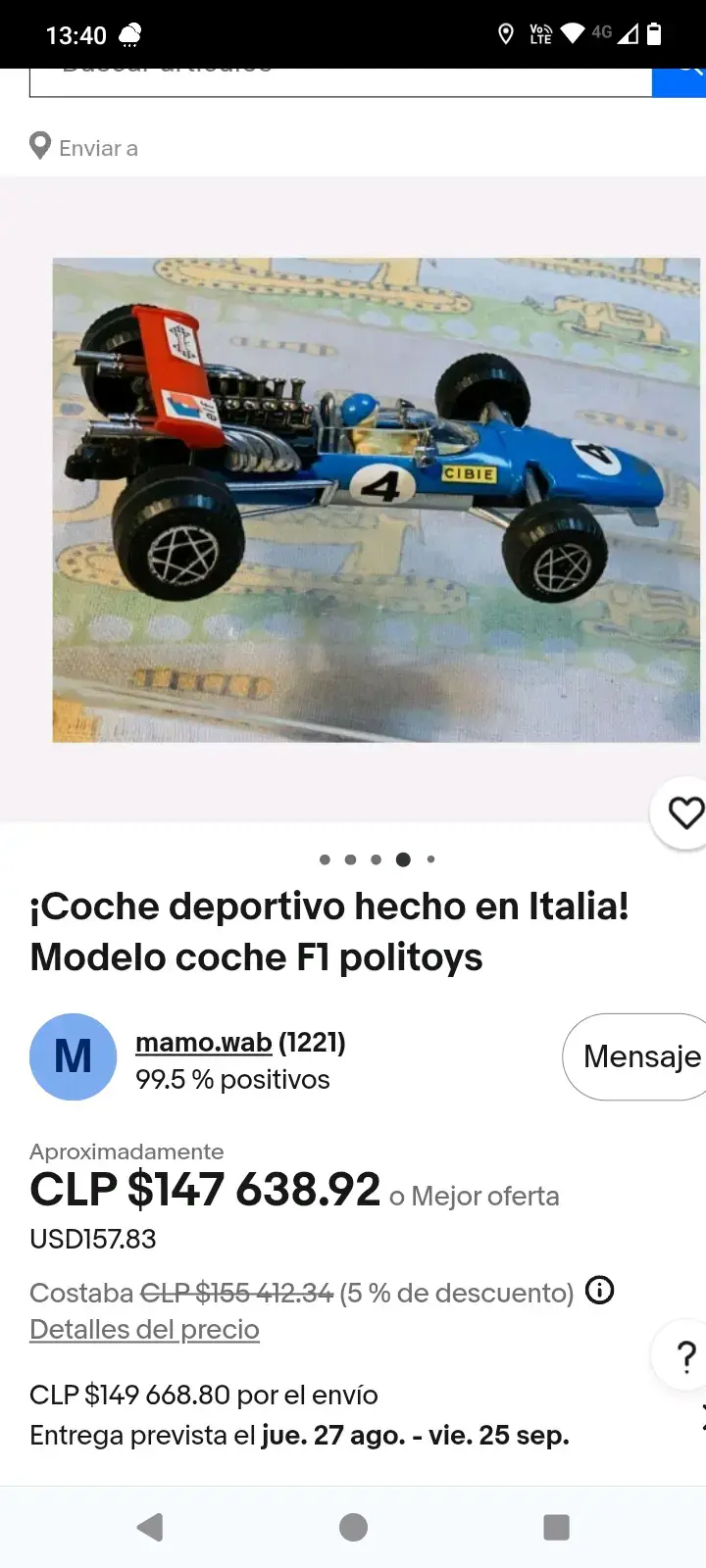 Auto de juguete Fórmula 1 azul vintage - 5