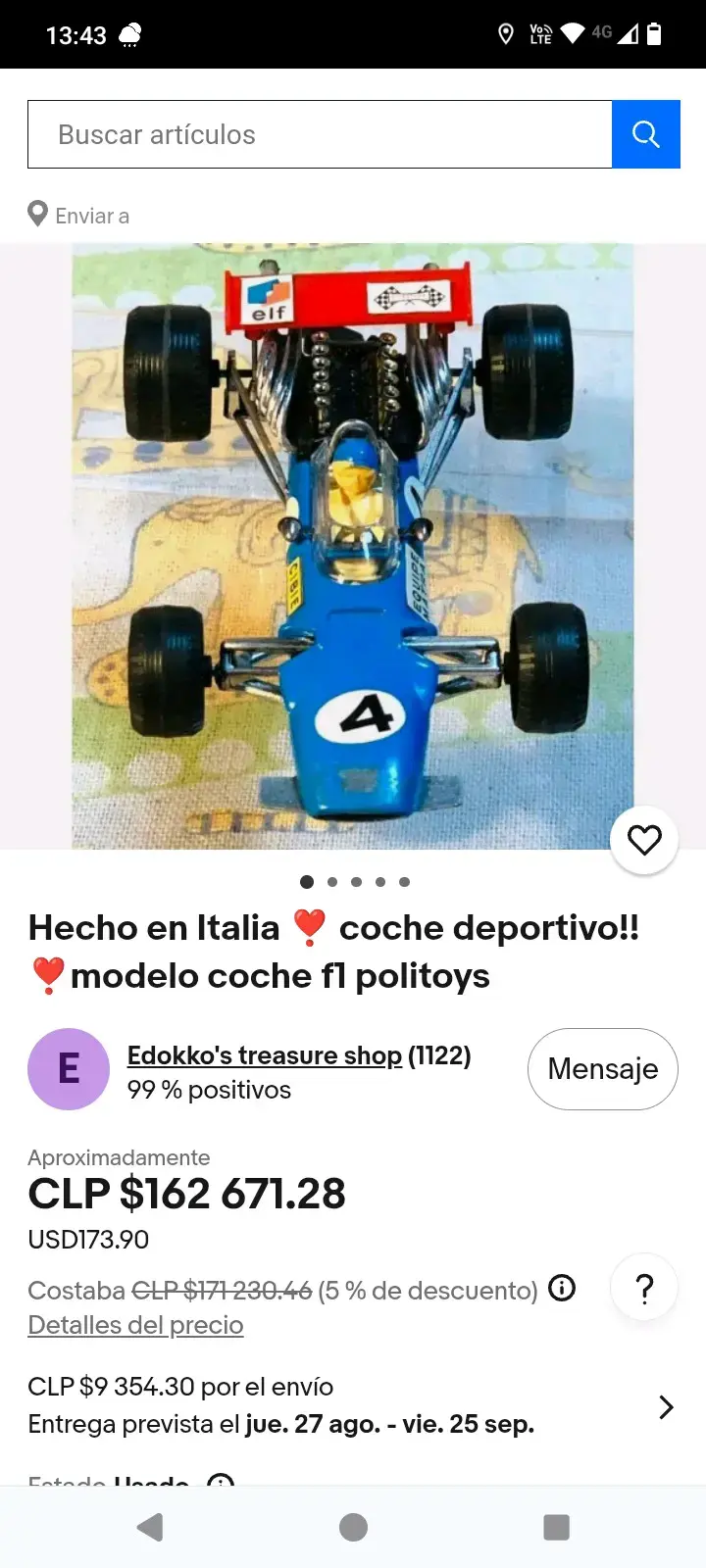 Auto de juguete Fórmula 1 azul vintage - 6