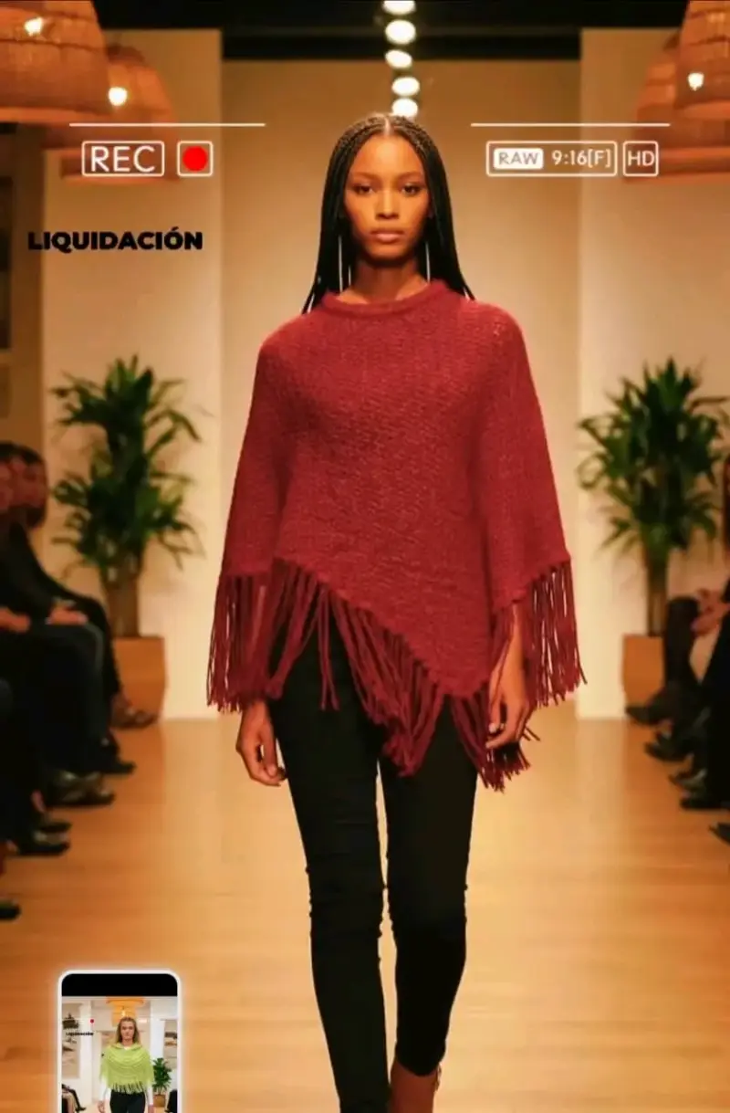 Poncho burdeos con flecos para mujer
