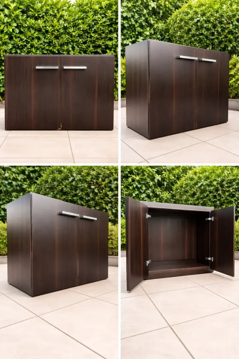 Gabinete de madera oscuro con puertas dobles