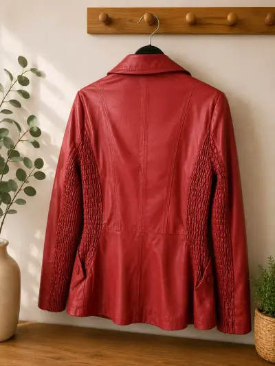 Chaqueta de cuero roja para mujer con diseño elegante - miniatura 2