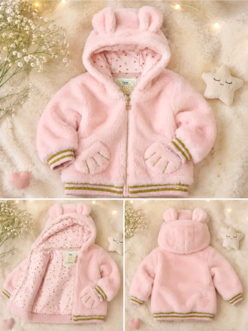 Chaqueta de felpa rosada con capucha de orejas para bebé