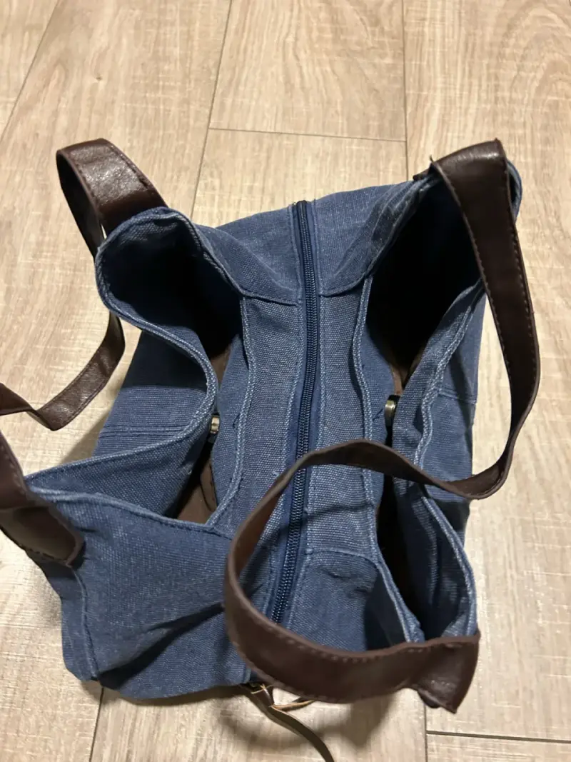 Bolso de lona azul con asa de cuero - 3