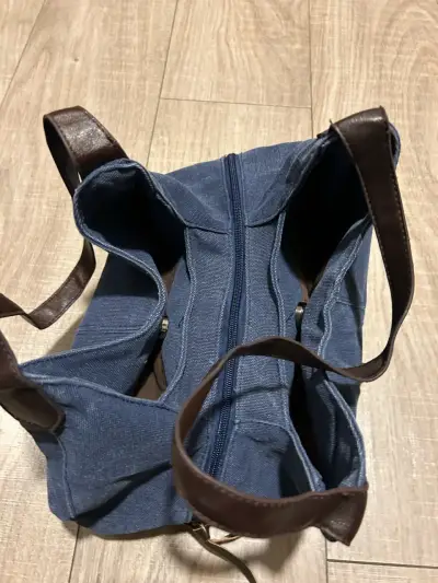 Bolso de lona azul con asa de cuero - miniatura 3