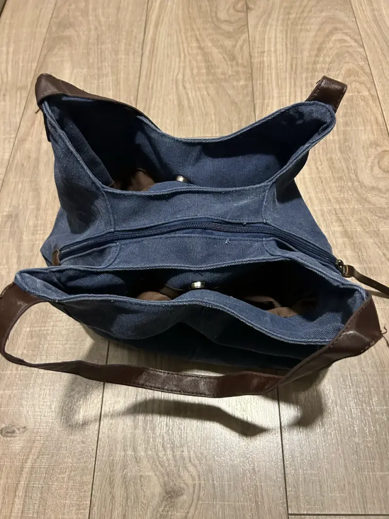 Bolso de lona azul con asa de cuero - 4