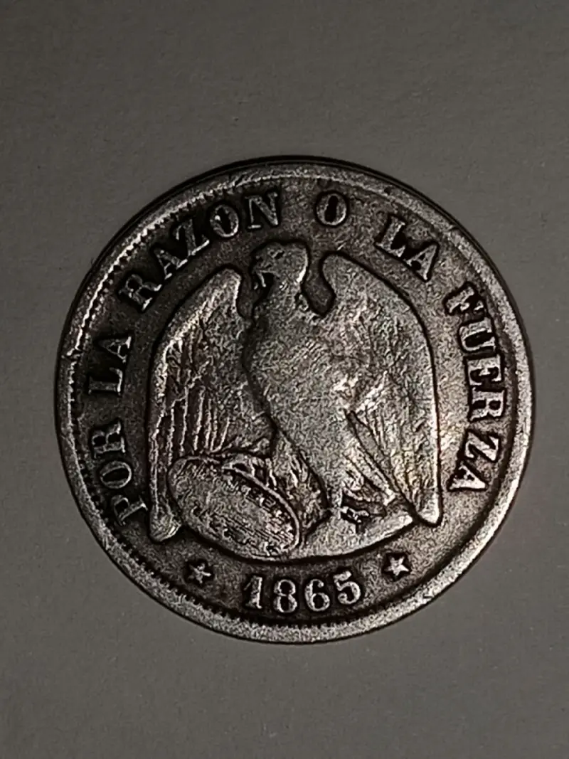 Moneda antigua de 20 centavos de Chile año 1865 - 2