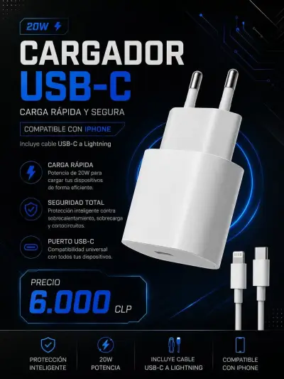 Cargador USB-C 20W con cable Lightning para iPhone - miniatura 1