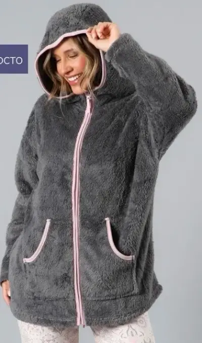 Chaqueta de felpa gris con capucha para mujer - miniatura 1