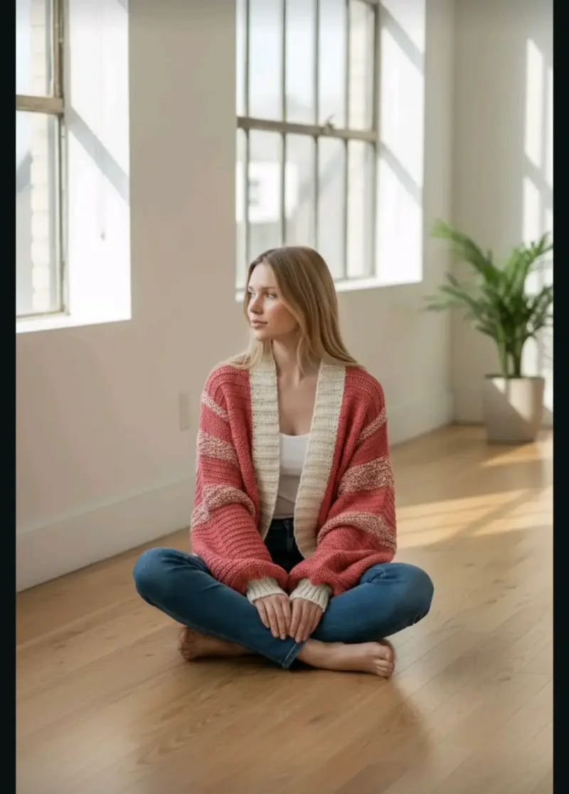 Cardigan tejido a crochet rosado y blanco - 2