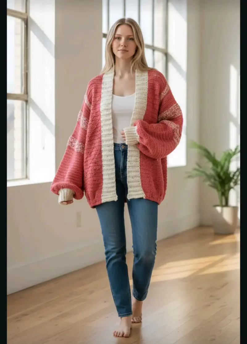 Cardigan tejido a crochet rosado y blanco - 3