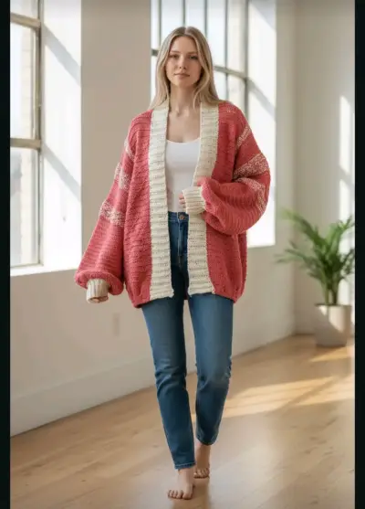 Cardigan tejido a crochet rosado y blanco - miniatura 3