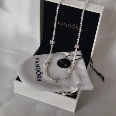 Collar Pandora con flores de cristal rosa 925 - miniatura 3